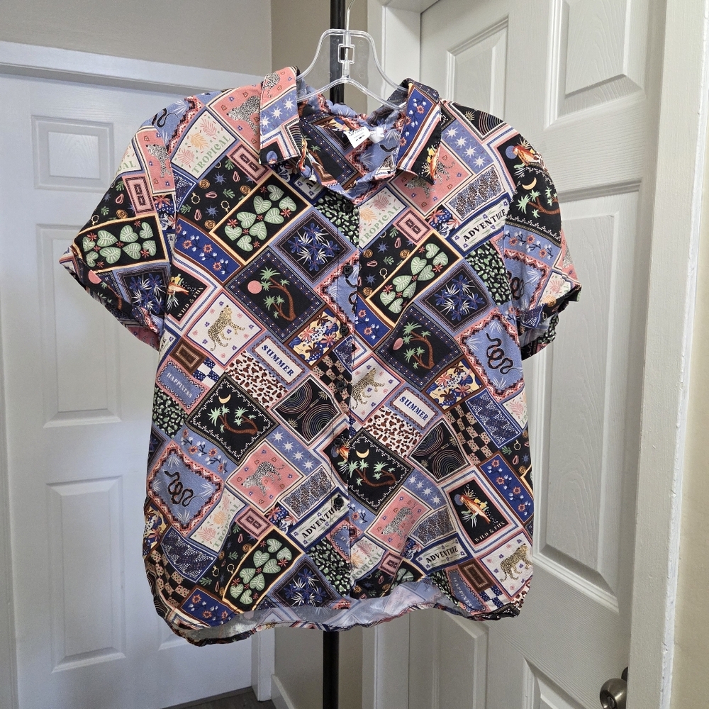 Twik Par Simons 100% Viscose Patchwork Printed Button-Up Blouse - Picture 2 of 7